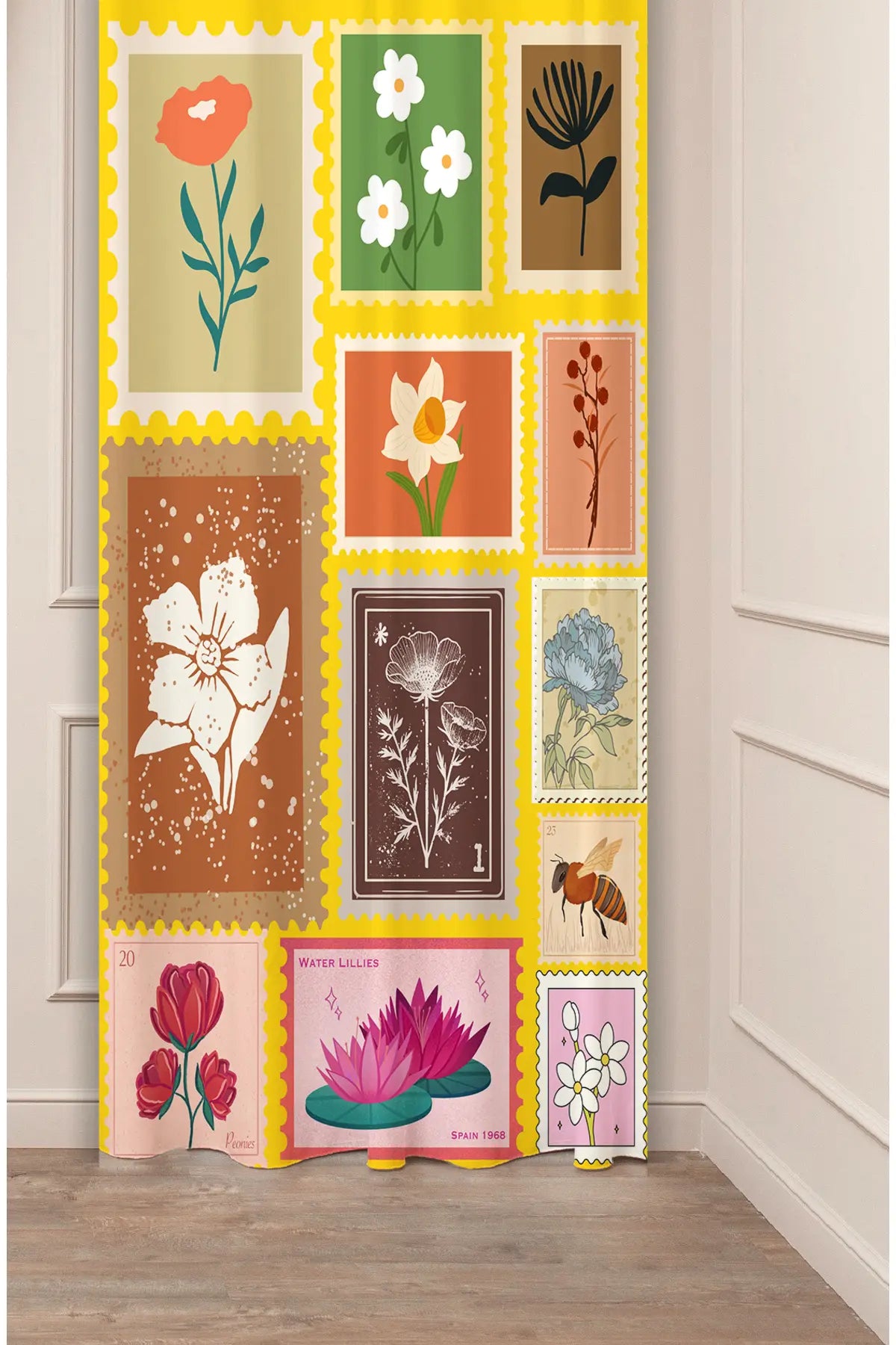 Botanical Floral Postage Stamp Window Curtain | Retro Yellow Flower Collage Wall Tapestry