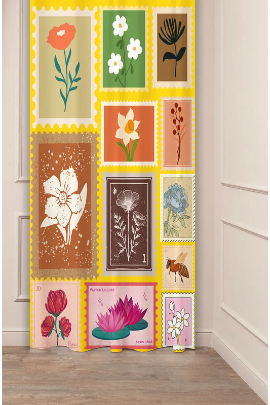 Botanical Floral Postage Stamp Window Curtain | Retro Yellow Flower Collage Wall Tapestry