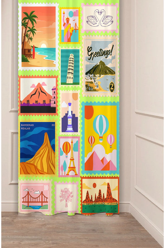 Vintage Travel Postage Stamp Window Curtain | Retro Landmark & World City Collage Wall Tapestry