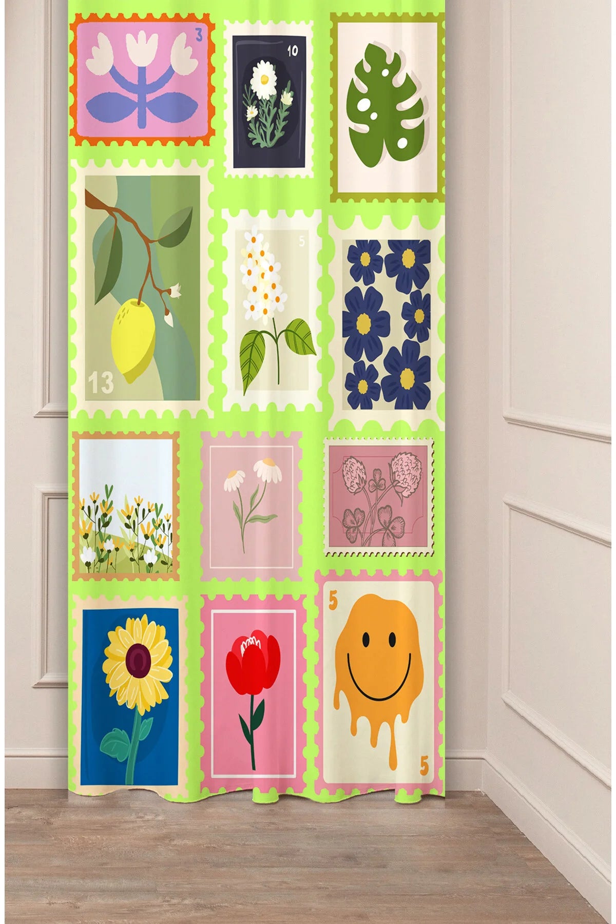 Vintage Travel Postage Stamp Window Curtain | Retro Landmark & World City Collage Wall Tapestry