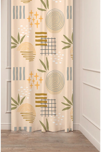 Bohemian Geometric Leaf Curtain - Mustard & Sage Green Abstract Digital Printed Single Panel Drape for Eclectic Modern Home Decor