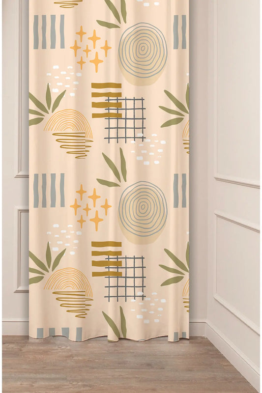 Bohemian Geometric Leaf Curtain - Mustard & Sage Green Abstract Digital Printed Single Panel Drape for Eclectic Modern Home Decor