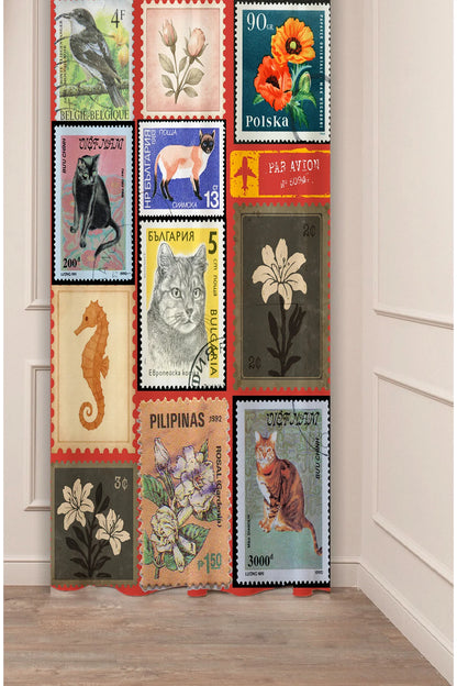 Vintage Animal & Botanical Postage Stamp Window Curtain | Retro Cat & Nature Print Wall Tapestry