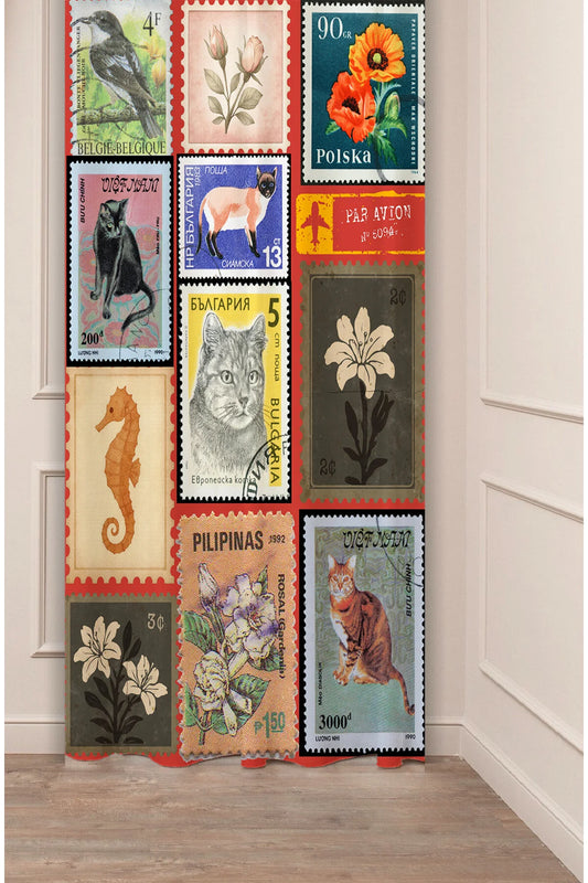 Vintage Animal & Botanical Postage Stamp Window Curtain | Retro Cat & Nature Print Wall Tapestry