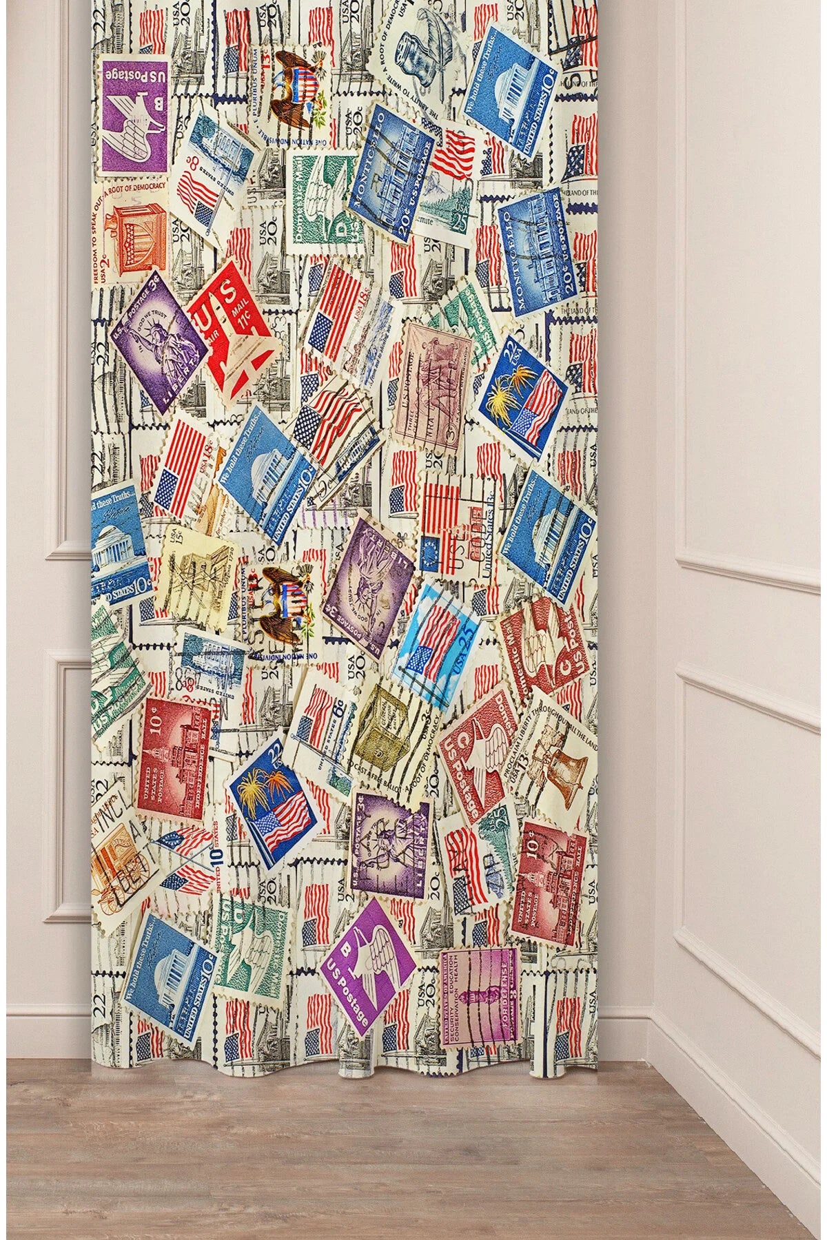 Vintage Postage Stamp Pattern Window Curtain | Retro Mail & Stamp Collage Printed Wall Tapestry