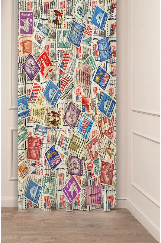 Vintage Postage Stamp Pattern Window Curtain | Retro Mail & Stamp Collage Printed Wall Tapestry