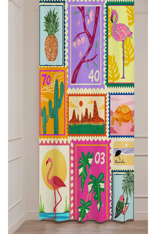 Tropical Summer Postage Stamp Window Curtain | Retro Flamingo & Pineapple Print Wall Tapestry