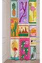 Tropical Summer Postage Stamp Window Curtain | Retro Flamingo & Pineapple Print Wall Tapestry