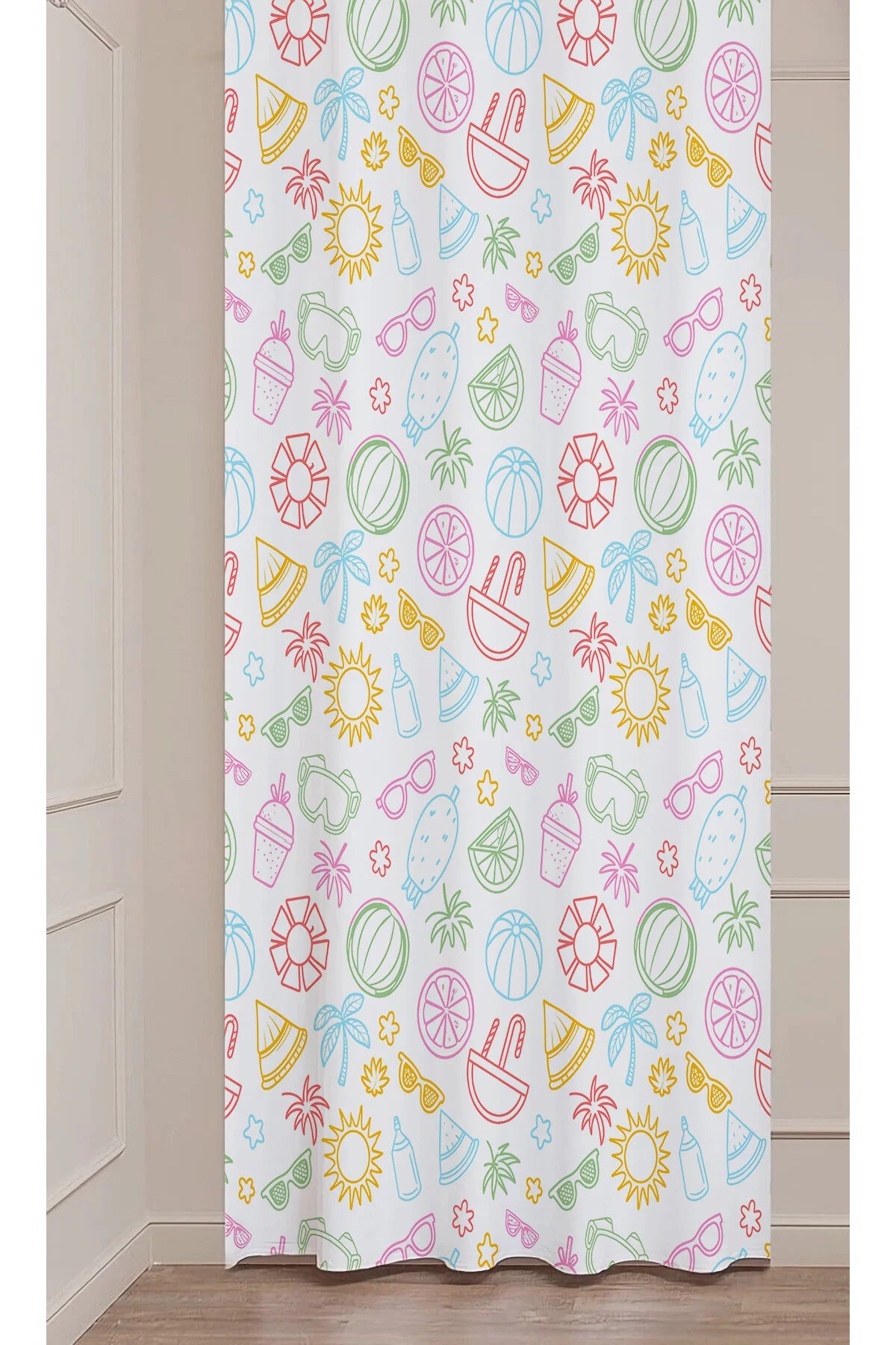 Summer Beach Doodles Window Curtain | Pastel Colorful Beach Ball & Watermelon Pattern Wall Tapestry