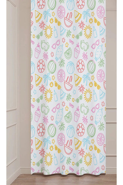 Summer Beach Doodles Window Curtain | Pastel Colorful Beach Ball & Watermelon Pattern Wall Tapestry