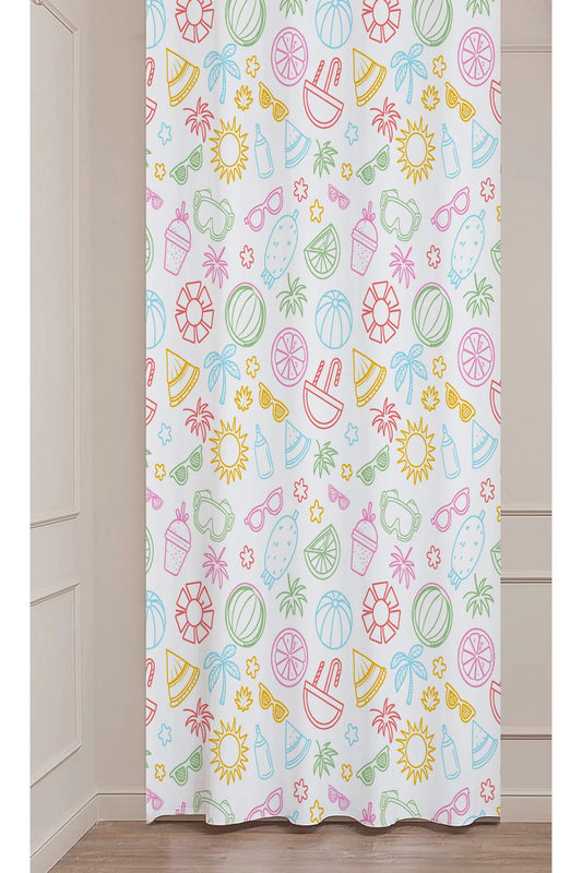 Summer Beach Doodles Window Curtain | Pastel Colorful Beach Ball & Watermelon Pattern Wall Tapestry
