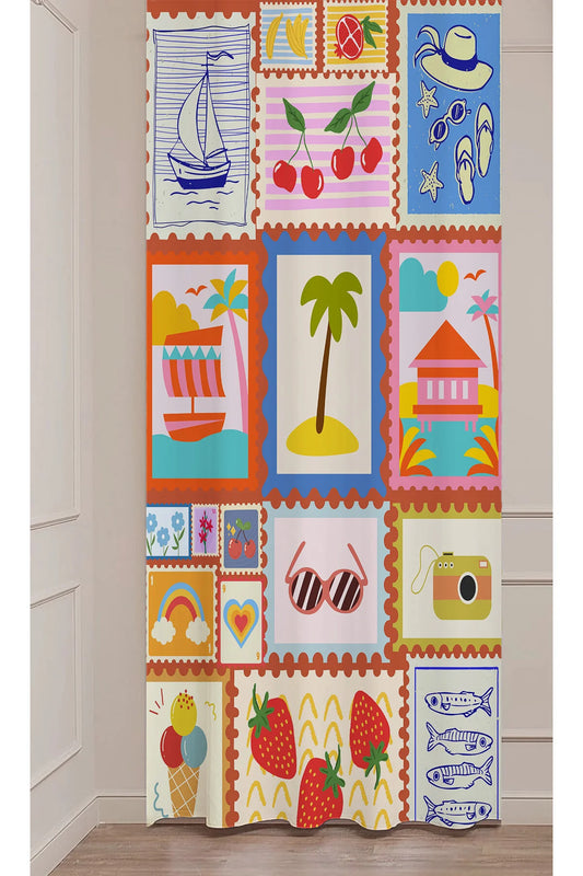 Summer Vacation Postage Stamp Window Curtain | Retro Beach, Fruit & Sailboat Print Wall Tapestry
