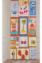 Summer Vacation Postage Stamp Window Curtain | Retro Beach, Fruit & Sailboat Print Wall Tapestry