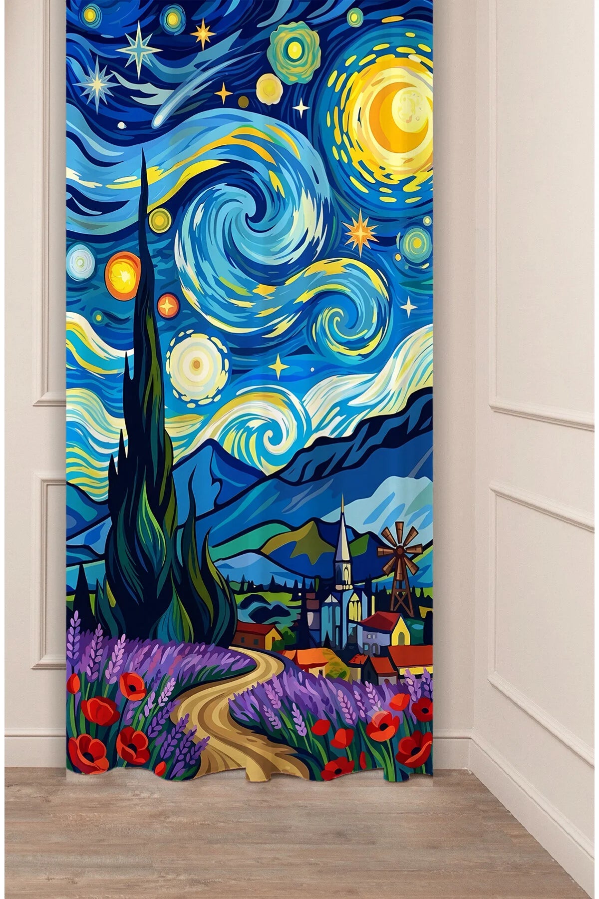 Van Gogh Impressionist Starry Night Window Curtain | Fine Art Landscape Printed Wall Tapestry
