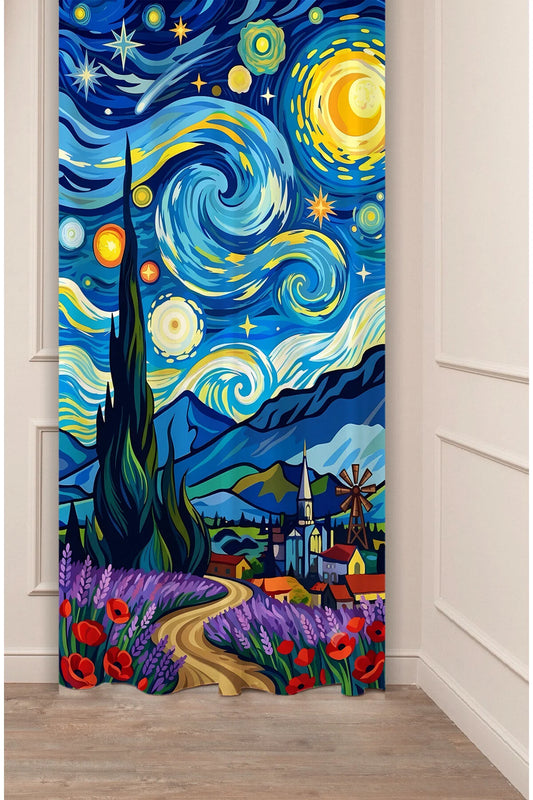 Van Gogh Impressionist Starry Night Window Curtain | Fine Art Landscape Printed Wall Tapestry