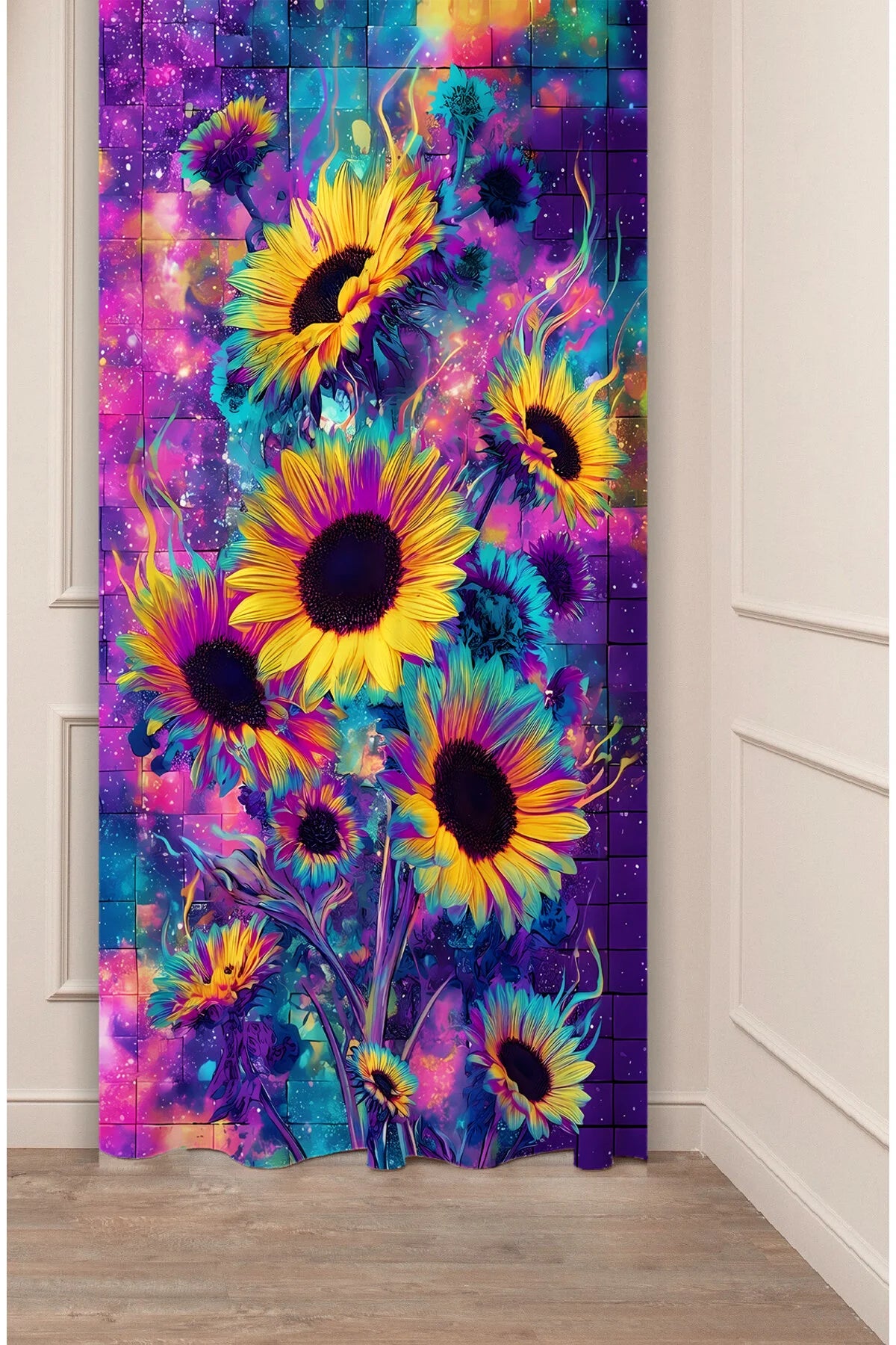 Mosaic Galaxy Sunflower Window Curtain | Tiled Psychedelic Floral Print Wall Tapestry