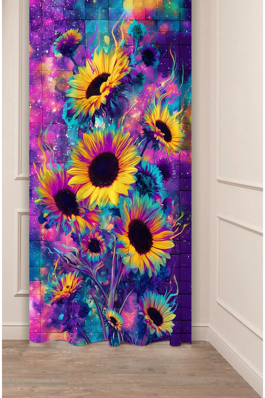 Mosaic Galaxy Sunflower Window Curtain | Tiled Psychedelic Floral Print Wall Tapestry