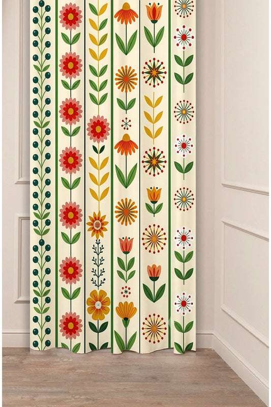 Scandinavian Retro Floral Stripe Window Curtain | Folk Art Botanical Print Wall Tapestry
