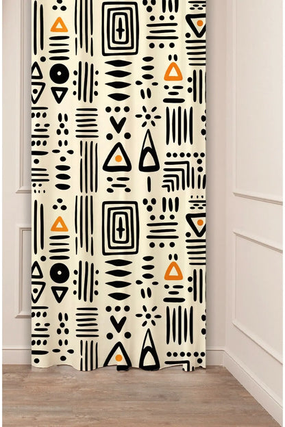 Tribal Geometric Pattern Curtain - Black & Mustard Boho Digital Printed Single Panel Drape for Modern Ethnic Home Decor