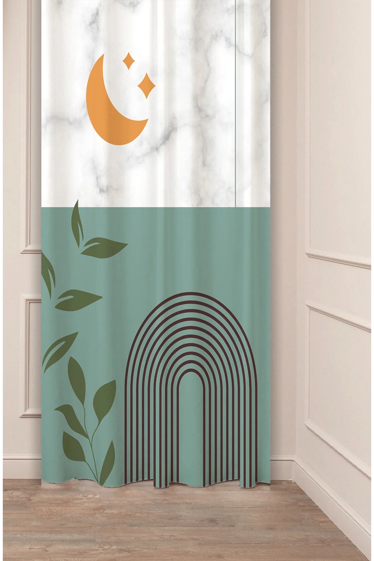 Boho Minimalist Crescent Moon & Arch Window Curtain | Sage Green Botanical Marble Print Wall Tapestry