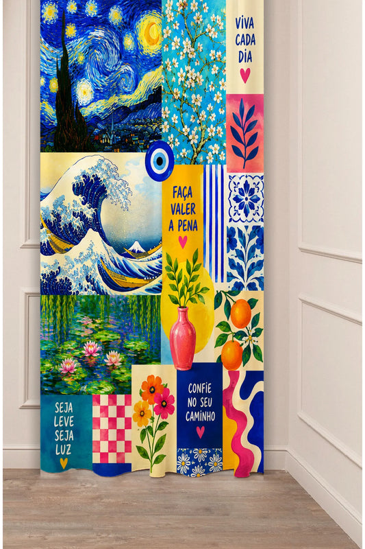 Famous Art Masterpieces Collage Window Curtain | Van Gogh & Hokusai Wave Fine Art Wall Tapestry