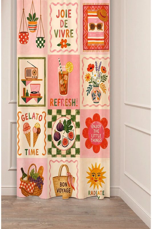 Joie de Vivre & Pink Summer Collage Window Curtain | French Pastel Gelato Time Wall Tapestry