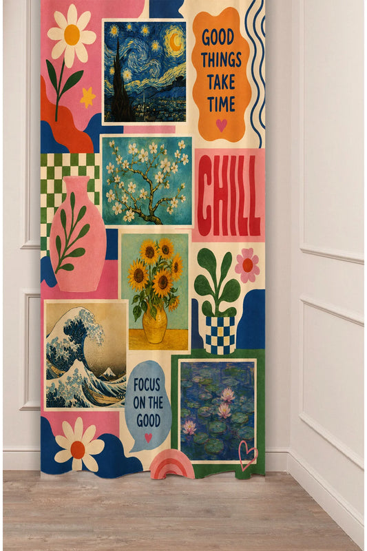 Retro Fine Art Collage Window Curtain | Van Gogh Sunflowers & Motivational Quote Wall Tapestry