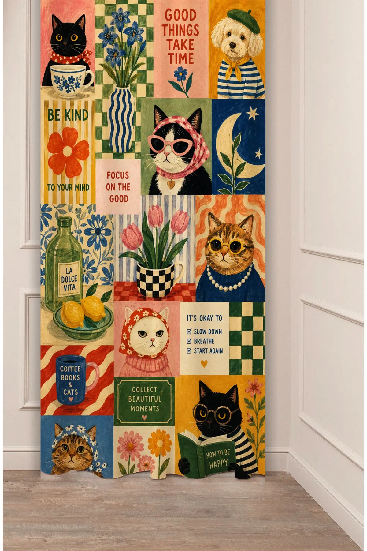 Cute Cats & Retro Aesthetic Collage Window Curtain | Whimsical Pet Art & Motivational Wall Tapestry