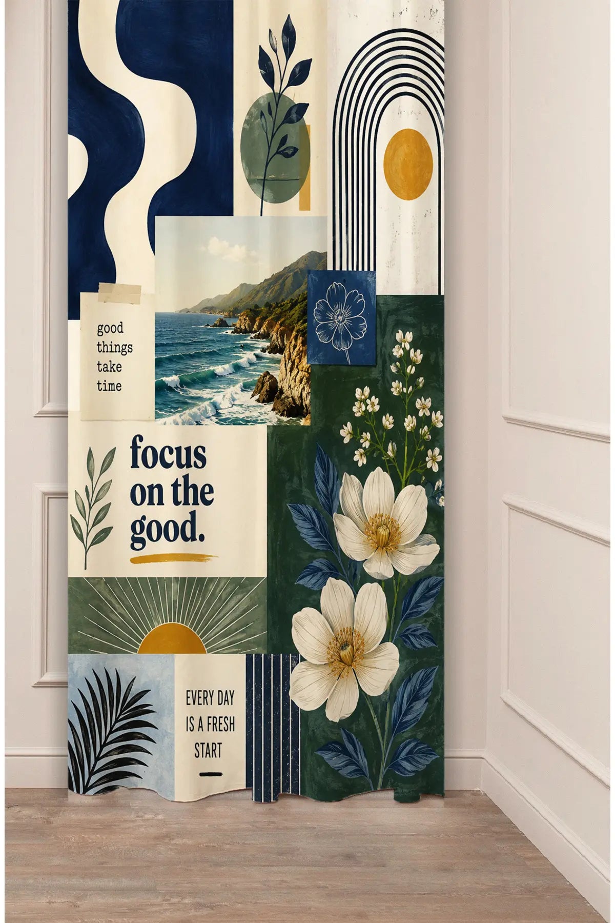 Sun & Coastal Vibes Collage Window Curtain | Boho Navy Blue & Mustard Ocean View Wall Tapestry