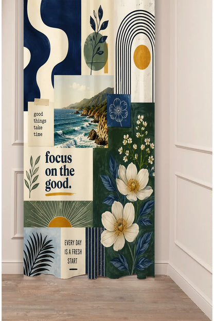 Sun & Coastal Vibes Collage Window Curtain | Boho Navy Blue & Mustard Ocean View Wall Tapestry