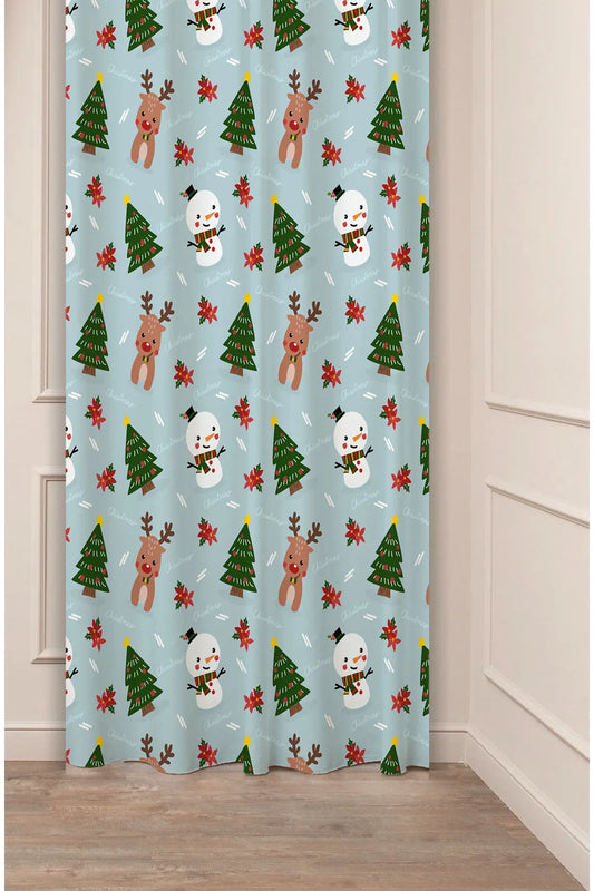 Cute Christmas Snowman & Reindeer Pattern Window Curtain | Holiday Pine Tree Room Decor & Wall Tapestry