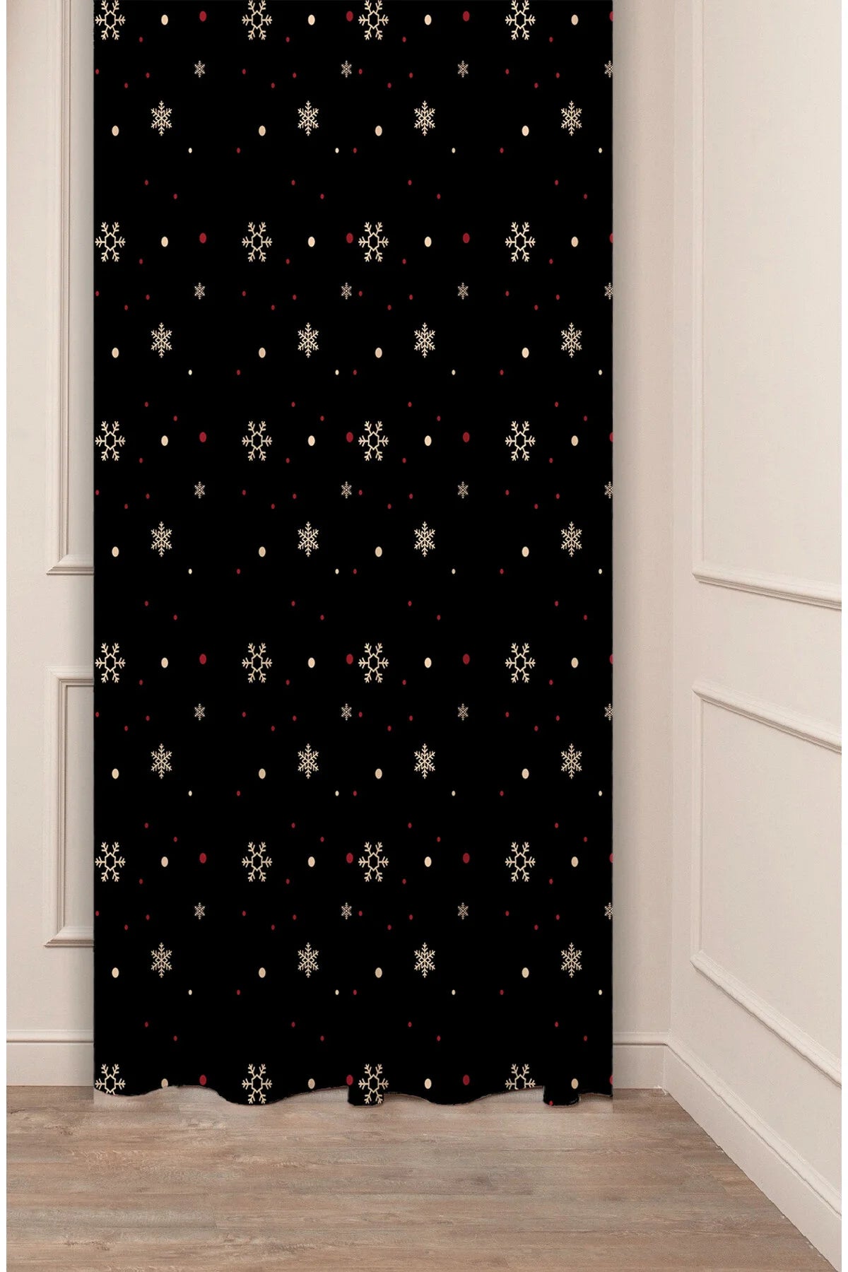 Golden Snowflake & Star Black Christmas Window Curtain | Elegant Winter Night Holiday Wall Tapestry