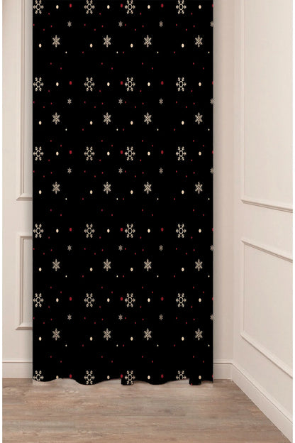 Golden Snowflake & Star Black Christmas Window Curtain | Elegant Winter Night Holiday Wall Tapestry