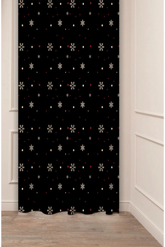Golden Snowflake & Star Black Christmas Window Curtain | Elegant Winter Night Holiday Wall Tapestry