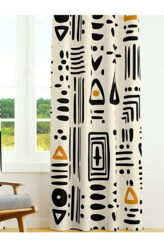 Tribal Geometric Pattern Curtain - Black & Mustard Boho Digital Printed Single Panel Drape for Modern Ethnic Home Decor