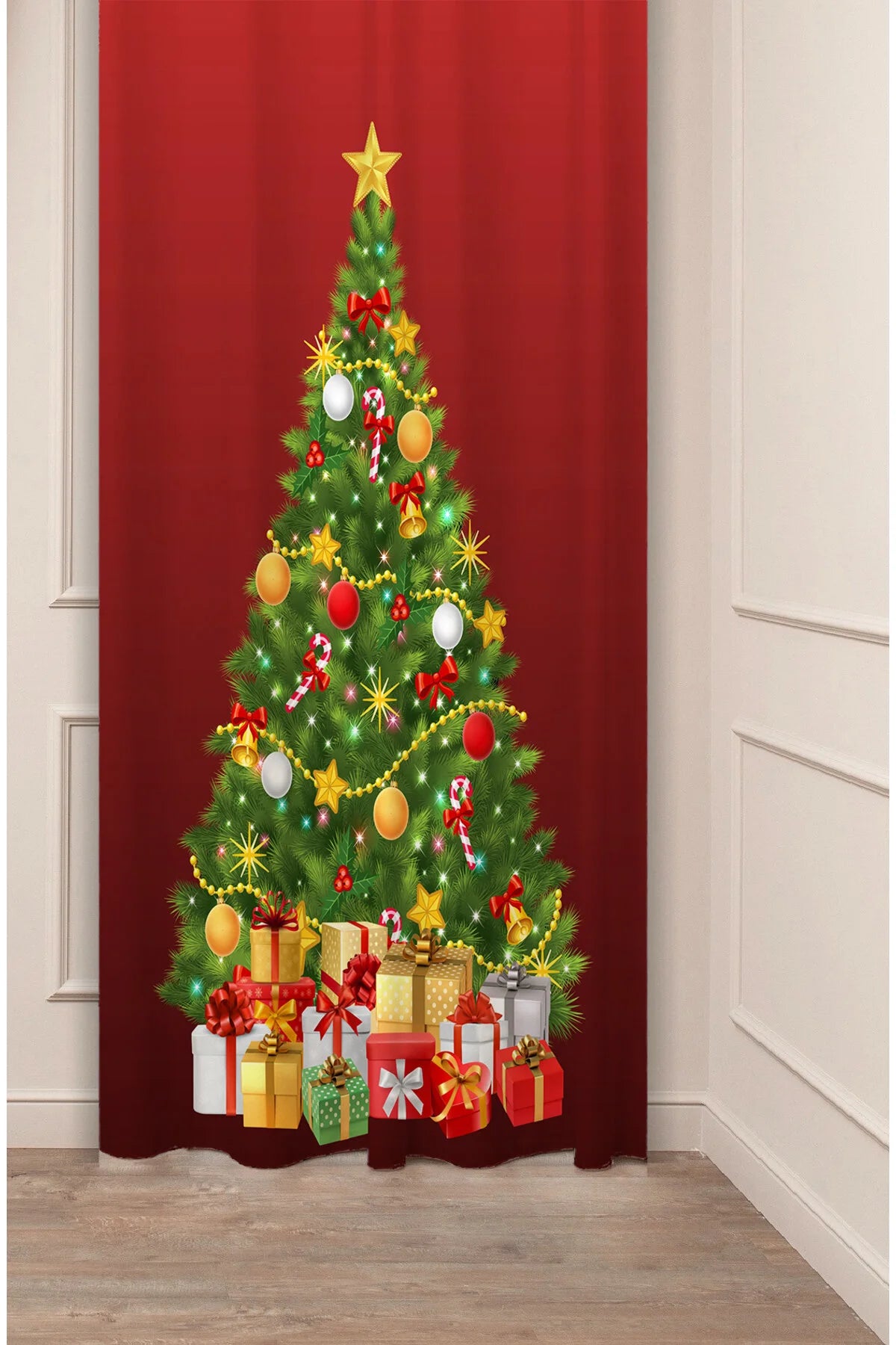 Classic Red Christmas Tree & Gifts Window Curtain | Festive Holiday Drapes & Winter Wall Tapestry