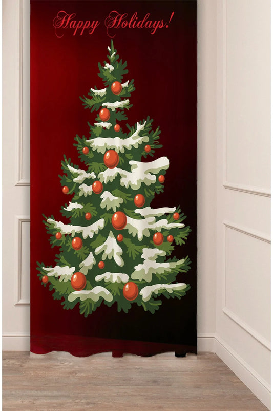 Snowy Christmas Tree "Happy Holidays" Window Curtain | Red Winter Wonderland Drapes & Wall Tapestry