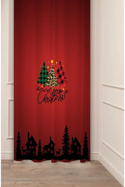 Plaid & Leopard Christmas Tree "Merry Christmas" Window Curtain | Red Winter Village Drapes & Wall Tapestry