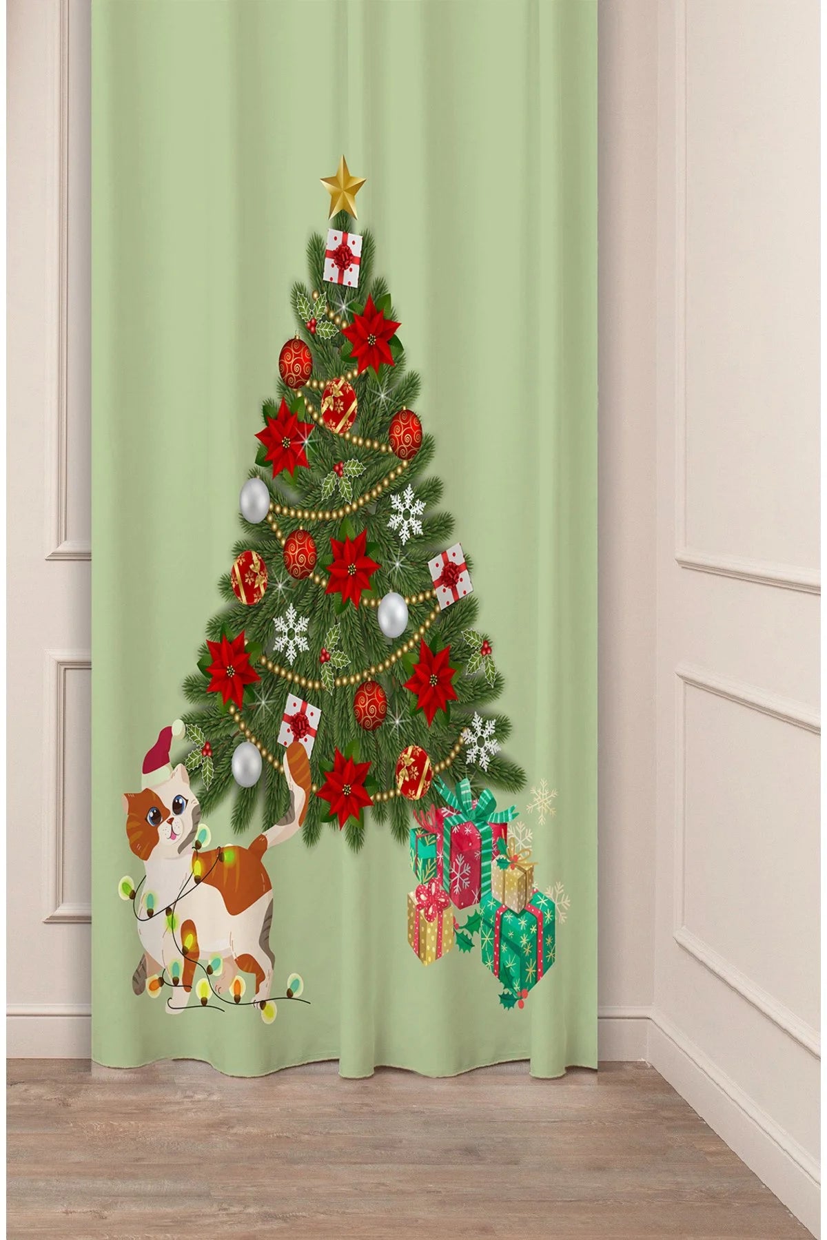 Christmas Tree & Cute Cat Curtains - Holiday Season Window Drapes - Decorative Nursery & Living Room Curtains