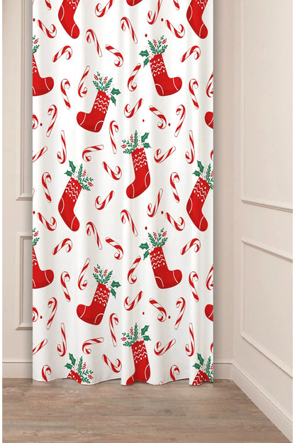 Christmas Stockings & Candy Cane Window Curtain - Festive Holiday Drapes