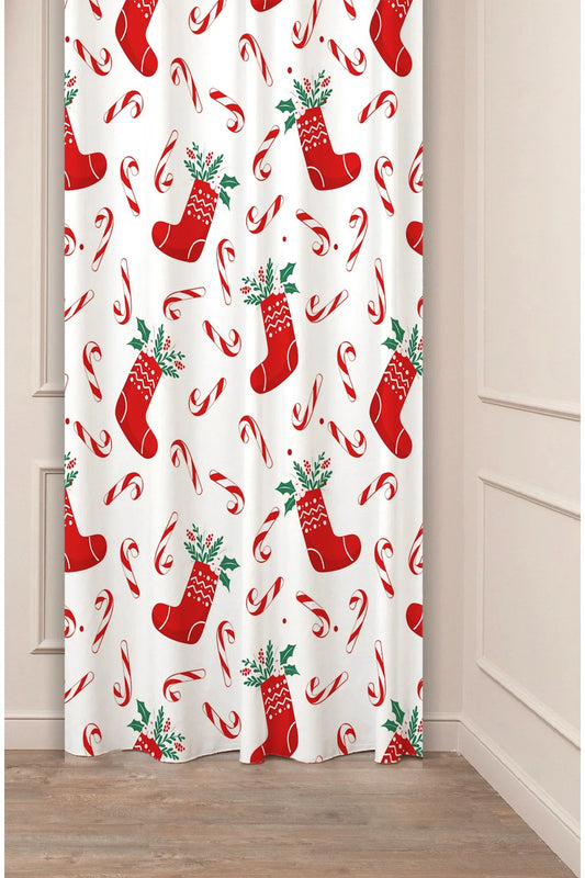 Christmas Stockings & Candy Cane Window Curtain - Festive Holiday Drapes