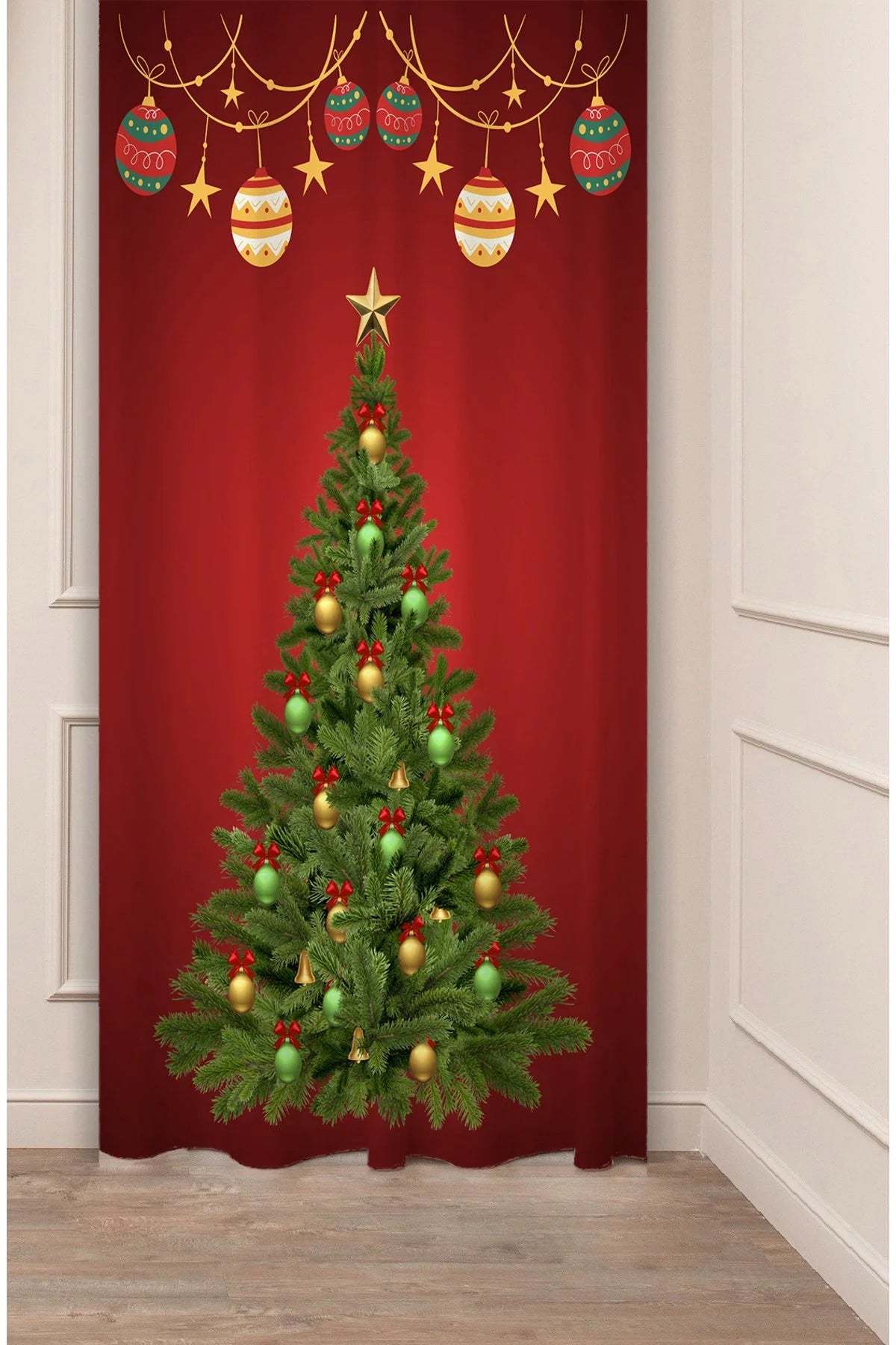 Red Christmas Tree Window Curtain - Festive Holiday Decor & Drapes