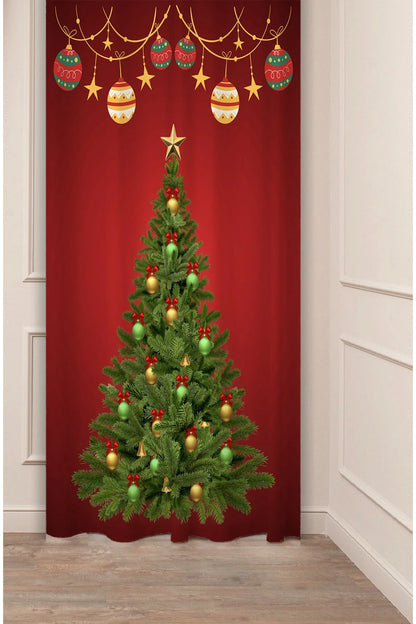 Red Christmas Tree Window Curtain - Festive Holiday Decor & Drapes