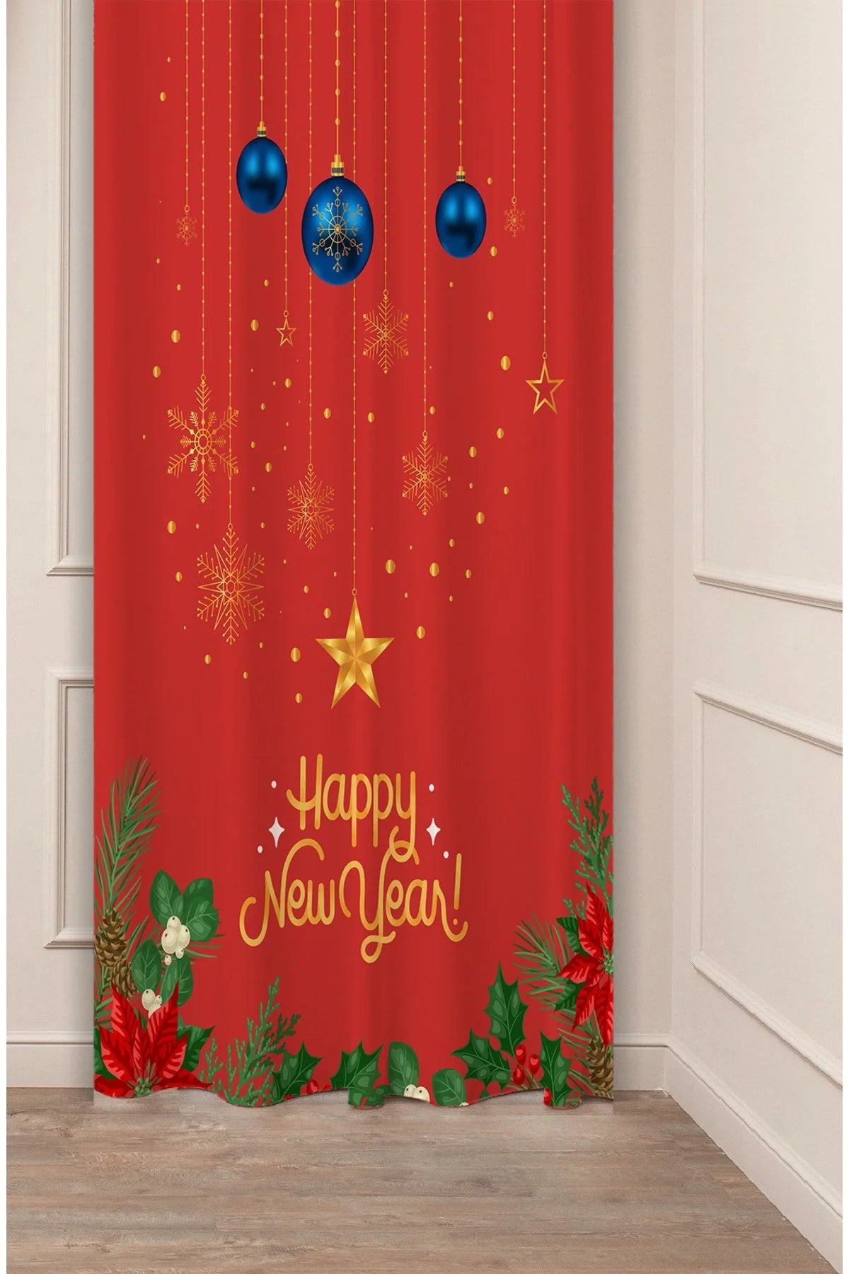 Happy New Year Red Window Curtain - Gold Snowflakes & Blue Baubles Festive Drapes