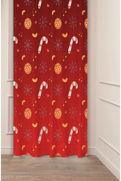 Red Christmas Candy Cane & Gold Ornaments Window Curtain - Festive Holiday Drapes