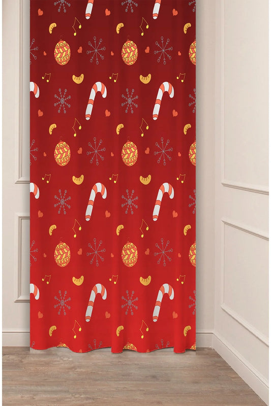 Red Christmas Candy Cane & Gold Ornaments Window Curtain - Festive Holiday Drapes