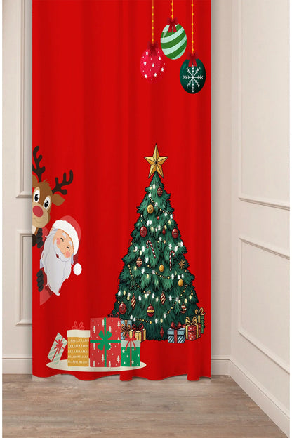 Santa Claus & Reindeer Christmas Tree Window Curtain - Red Kids Room & Holiday Drapes