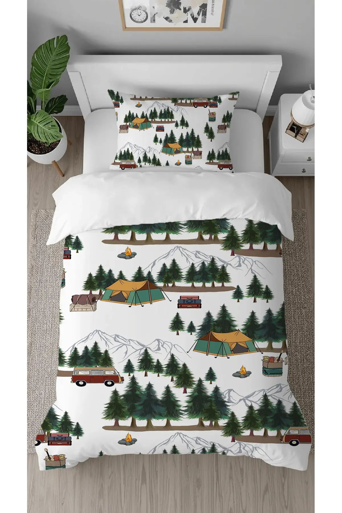 Adventure Awaits Camping & Forest Duvet Cover Set - Kids' Nature-Themed Digital Printed Bedding for Modern Nursery Decor