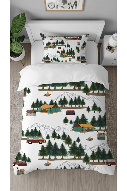 Adventure Awaits Camping & Forest Duvet Cover Set - Kids' Nature-Themed Digital Printed Bedding for Modern Nursery Decor