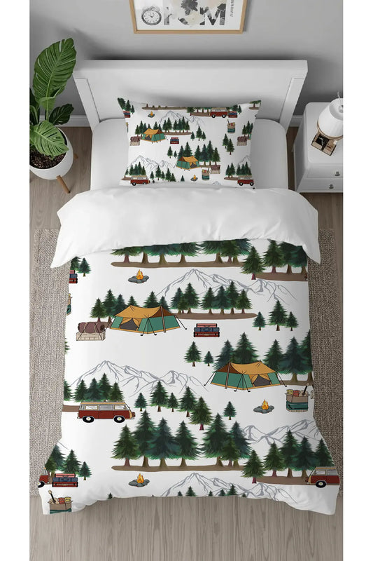 Adventure Awaits Camping & Forest Duvet Cover Set - Kids' Nature-Themed Digital Printed Bedding for Modern Nursery Decor